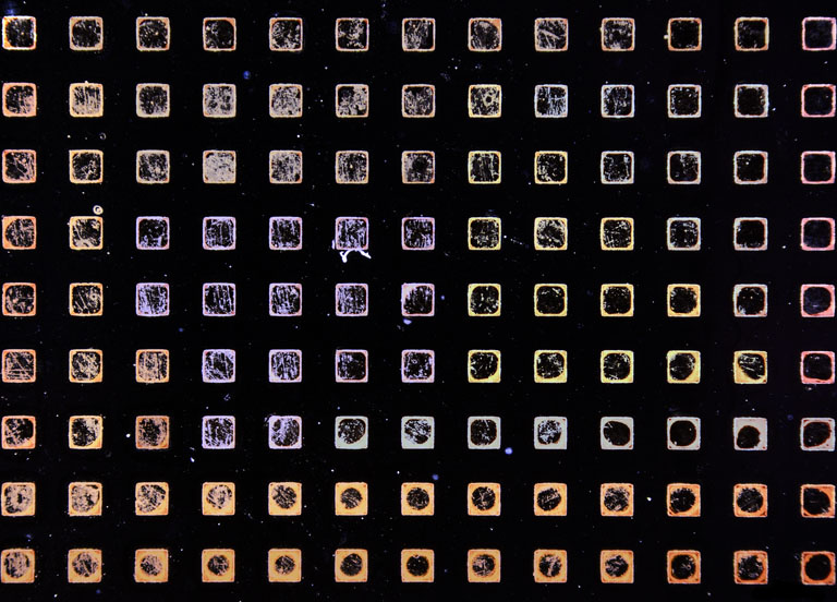 10 rows by 13 filled with squares with some of the original colors changed to make it look more like a periodic table of elements.