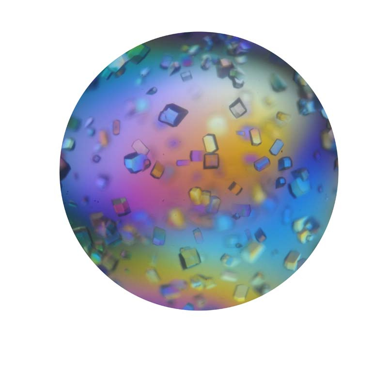 crystals floating in a rainbow-tinted sphere