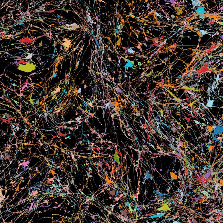 brightly colored neurons like an abstract painting on a black canvas