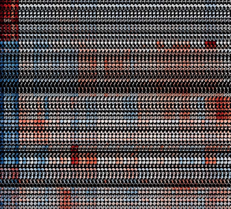 A grid of tiny figures in white, burgundy, and azure against a black background. Clusters of each color are dominant in sections throughout the image.