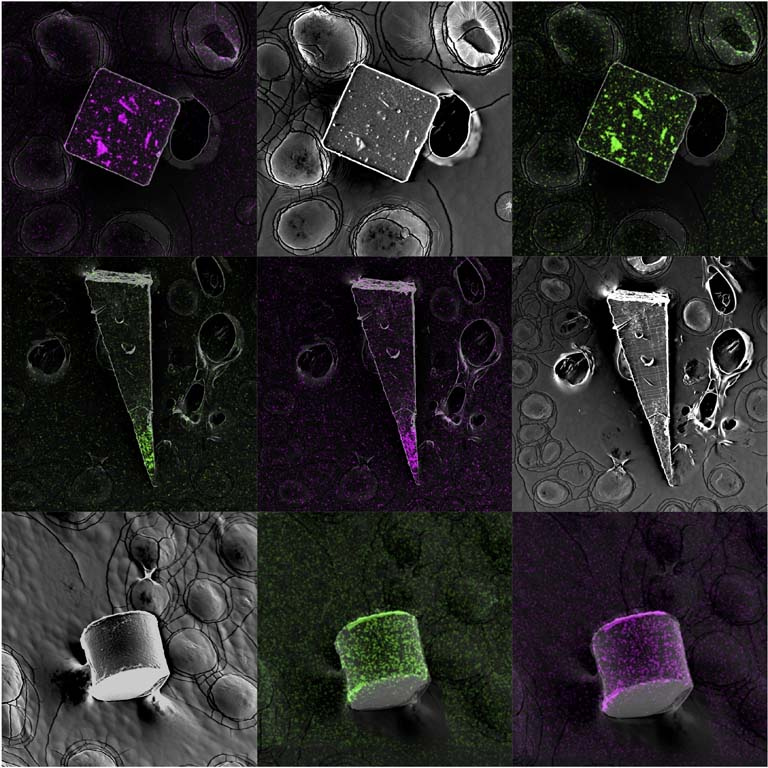 nine-panel mosaic of square, triangular, and cylindrical structures in magenta, green, and gray