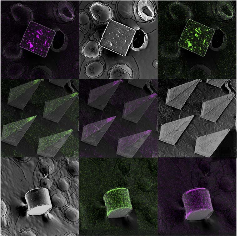 nine-panel mosaic of square, pyramidal, and cylindrical structures in magenta, green, and gray