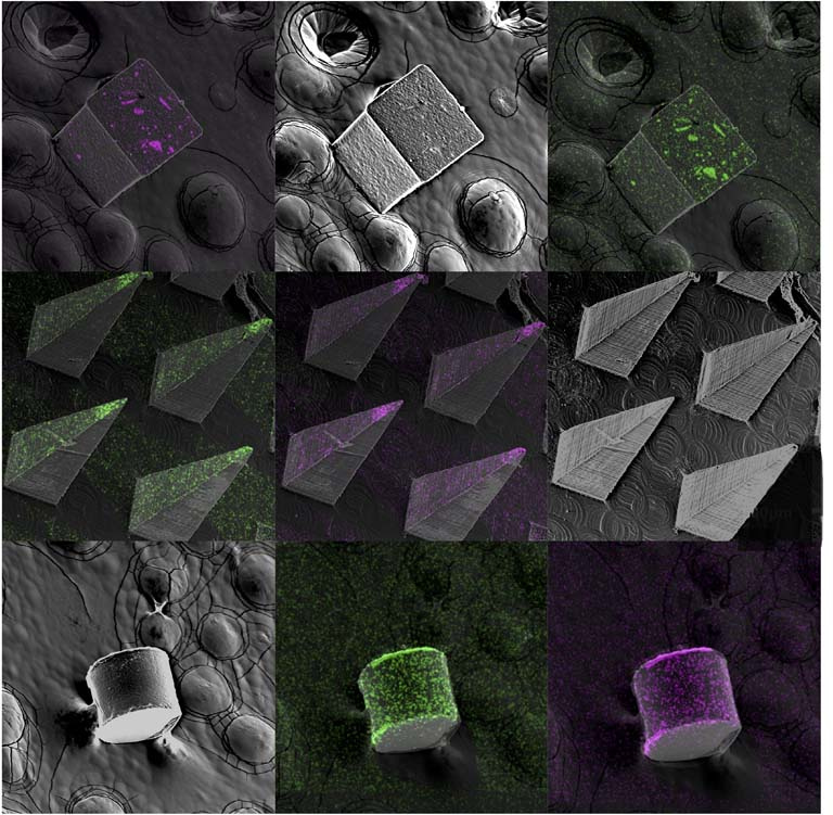 nine-panel mosaic of cubic, pyramidal, and cylindrical structures in magenta, green, and gray