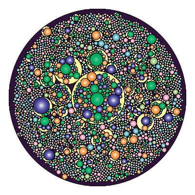 Circles of various colors and sizes on top of some bigger yellow circles with a black circle at the background