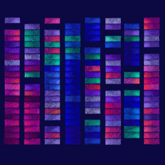 Eight columns of colored rectangles in various shades of pink, purple, blue, and green