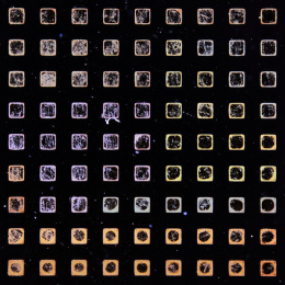 10 rows by 13 filled with squares with some of the original colors changed to make it look more like a periodic table of elements.
