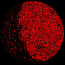 Red waxing gibbous moon, that looks like it's made out of small particles