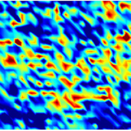 Thermal in appearance, with blue, cyan, green, yellow, red, and orange