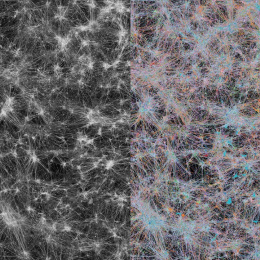 On the left, white strands strewn over black canvas, on the right, rainbow hued strands doing the same.