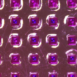 array of dye-loaded particles on a glass slide
