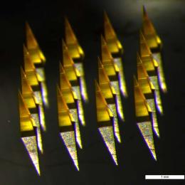 columns of illuminated microneedles, glowing yellow, reflected on a shiny surface