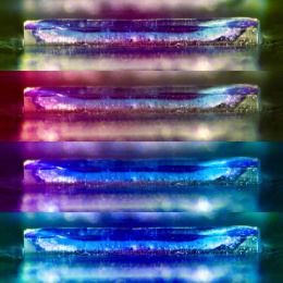 five images of polymer containers in a vertical stack, various iridescent shades