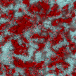 Dense cyan bubble like structures with a red fluid and dense red bubble clusters at the background