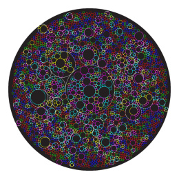 Black centered circles of different sizes and circumferential colors inside a large black circle at the background